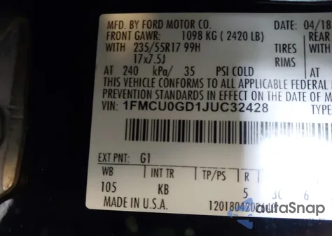 2018 Ford Escape Se z USA, uszkodzony, nr VIN 1FMCU0GD1JUC32428